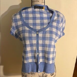 Polo by Ralph Lauren Blue and White Checkered Linen Blend Button Up Sweater